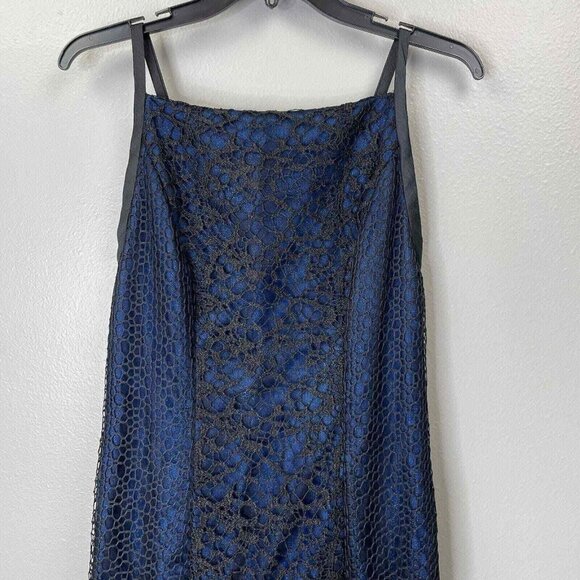 Monique Lhuillier Crochet Lace Dress Womens 6 Blue Black Shimmer Mermaid - Picture 2 of 13